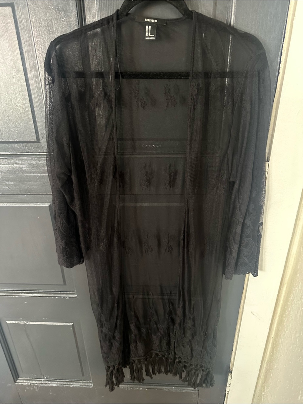 Forever 21 Black Sheer Lace Fringe Kimono